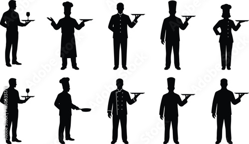 Black Silhouettes of Chefs and Waiters in Professional Poses – Hospitality Staff, Uniforms, Culinary Service – Restaurant, Catering Concept