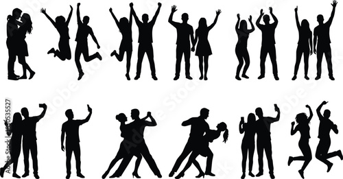 Black Silhouettes of Couples Celebrating, Dancing, Embracing, and Taking Selfies – Joy, Love, Togetherness, Relationship, Lifestyle Concept