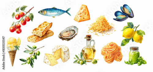 Watercolor Italian food set with Mediterranean summer flavors: fresh sardines, oysters, pasta with tomatoes, cheese, pesto, ciabatta, olive branches, and citrus watercolor details.