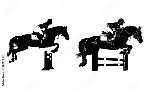 Two equestrian riders on horseback jumping over obstacles in a dynamic silhouette style