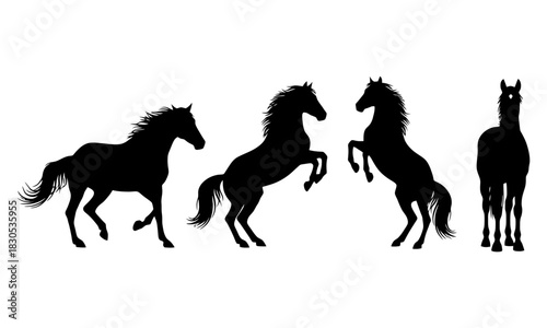 Collection of four dynamic horse silhouettes in various poses against a white background silhouette