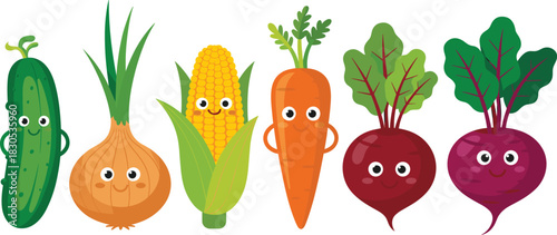 Cute Cartoon Vegetable Character Vector Set Featuring Happy Cucumber, Onion, Corn, Carrot, and Beetroot Root Vegetables Illustration.
