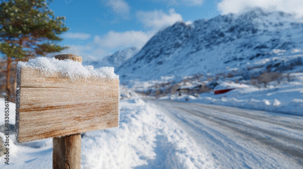 Fototapeta premium A rustic wooden signpost covered in snow stands beside a winding road, with majestic snow-capped mountains in the background.