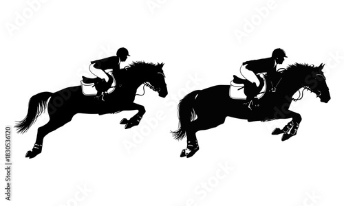 Two equestrian athletes on horseback jumping over obstacles in a dynamic silhouette style