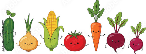 Cute Cartoon Vegetable Character Vector Set Featuring Happy Cucumber, Onion, Corn, Tomato, Carrot, and Beetroot Root Vegetables Illustration.