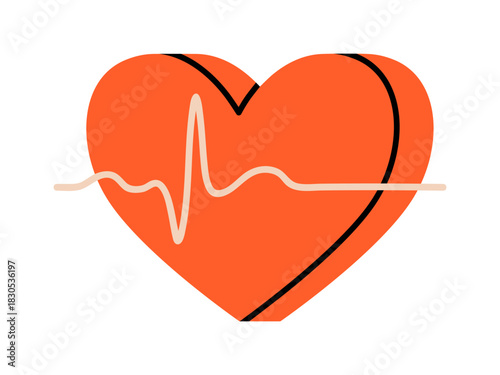 Hand drawn cute illustration of heart with cardiogram. Flat vector medical  or health care sigh doodle. Heartbeat or pulse sticker, icon. Emergency hospital help. Isolated.
