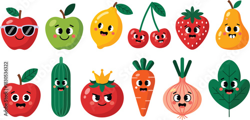 Highly Expressive Cartoon Fruit and Vegetable Vector Set Featuring Happy and Funny Apple, Lemon, Cherry, Strawberry, Cucumber, Tomato King, Carrot, and Onion Characters.