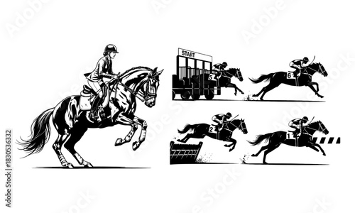Dynamic equestrian scenes captured in a striking black and white silhouette style showcasing horse riding and racing action