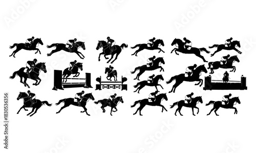 Collection of equestrian horse riding silhouettes showing jumping and galloping poses silhouette
