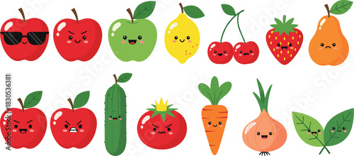 Cute Cartoon Kawaii Fruit and Vegetable Vector Set Featuring Happy and Angry Apple, Lemon, Cherry, Strawberry, Cucumber, Tomato, Carrot, and Onion Characters.