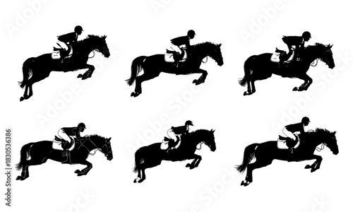 Six distinctive black horseback riding silhouette illustrations showing jumping and galloping actions silhouette