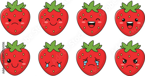 Cute Cartoon Strawberry Emoji Vector Set Featuring Various Emotional Expressions, Including Happy, Angry, Winking, and Crying Faces for Social Media.