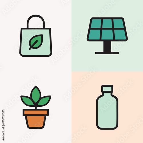 Environmental icons for sustainability, green energy, and recycling.