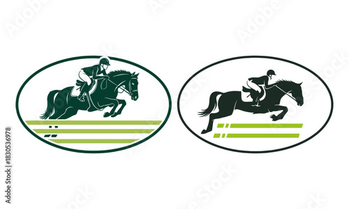 Two circular emblems showcasing equestrian show jumping with a dark silhouette of a horse and rider over a hurdle
