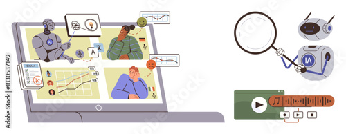 Robots and humans engaging via a laptop, analyzing data, charts, translations, and audio transcription. Ideal for AI collaboration, innovation, education, research productivity data management