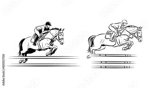 Two dynamic equestrian jumping horse and rider silhouettes in mid air over obstacles silhouette