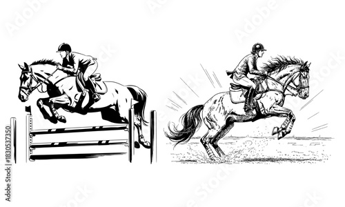 Two equestrian riders on horseback jumping over obstacles in a dynamic silhouette style