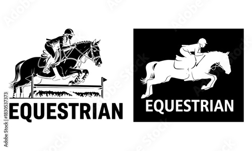 Dynamic equestrian horse and rider jumping over obstacle silhouette for sports and competition