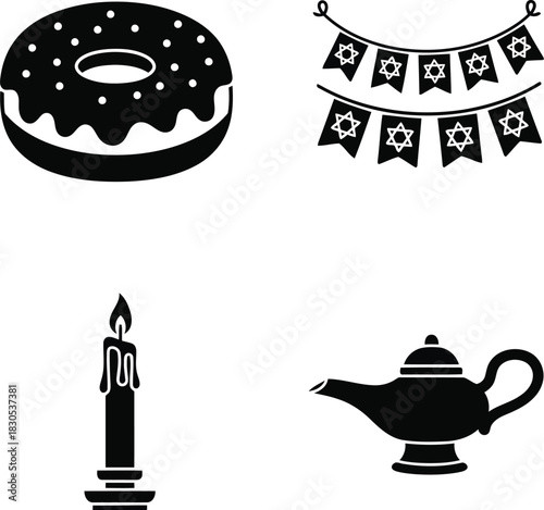 Black icons of donut candle Star of David garland and Aladdin lamp