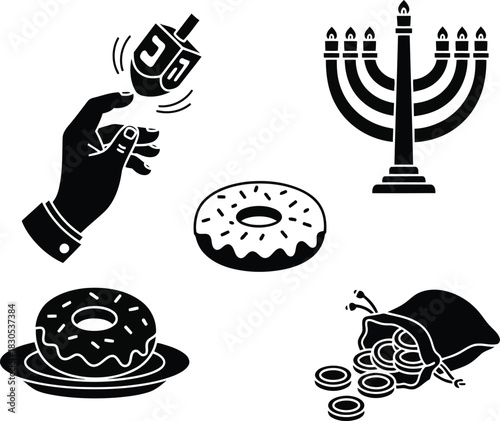 Hanukkah symbols dreidel menorah donuts and gelt bag