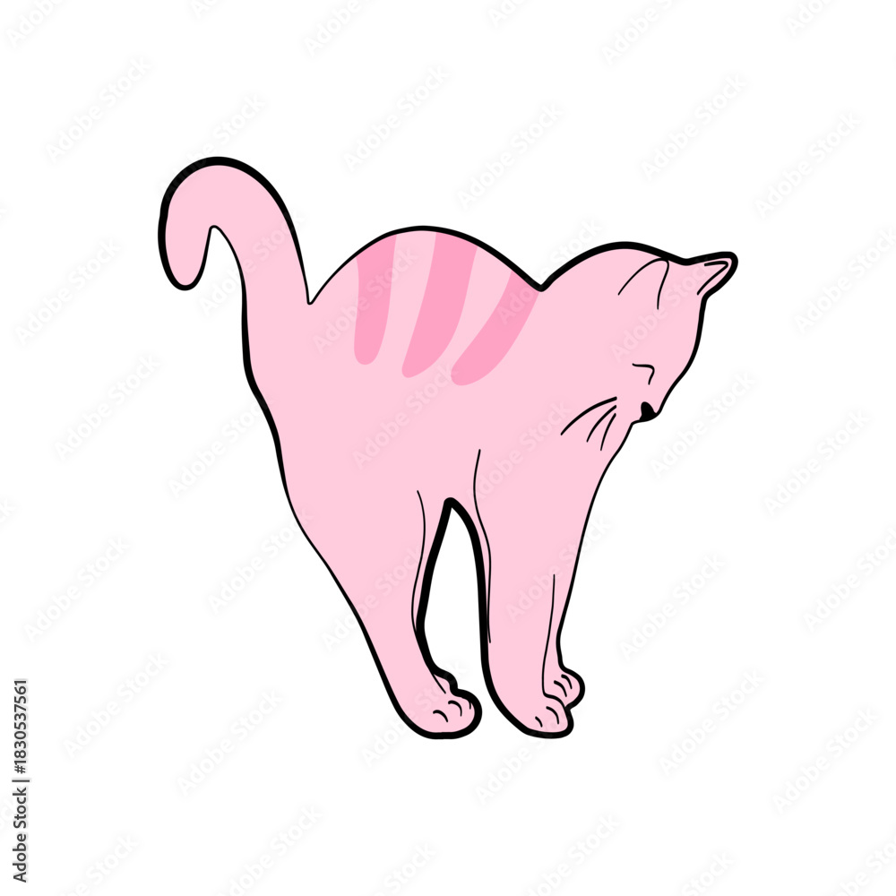 Obraz premium A cute pink cat is stretching. This cartoon kitten is perfect for stickers, stationery, prints, and animal designs