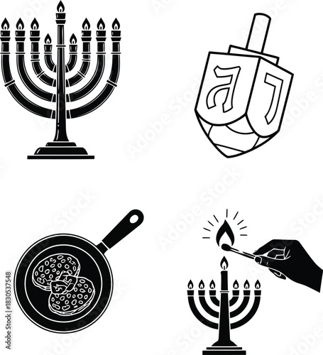 Hanukkah symbols menorah dreidel latkes lighting candle