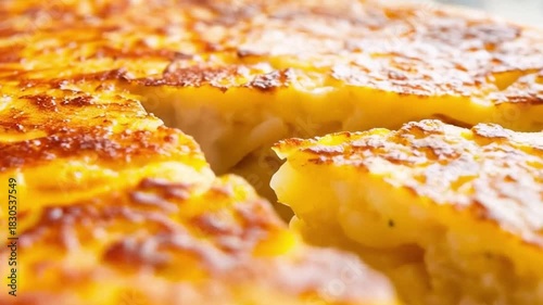 Tortilla de patatas recién hecha servida en plato blanco con porción cortada y fondo desenfocado de cocina moderna