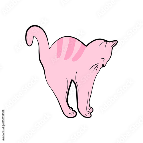 A cute pink cat is stretching. This cartoon kitten is perfect for stickers, stationery, prints, and animal designs