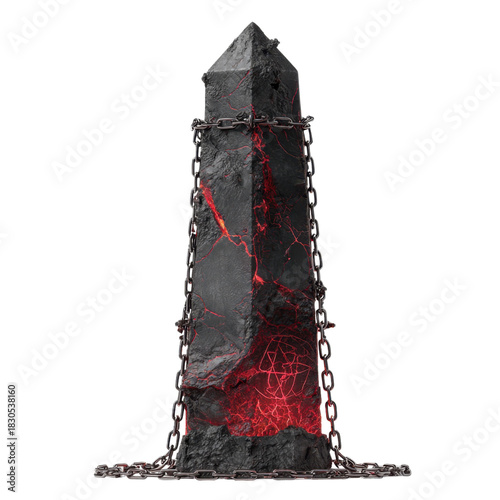 Mystic Monolith: A towering, ancient stone monolith, bound by iron chains, pulses with an inner, fiery glow. Embodying an air of mystery and arcane power. 