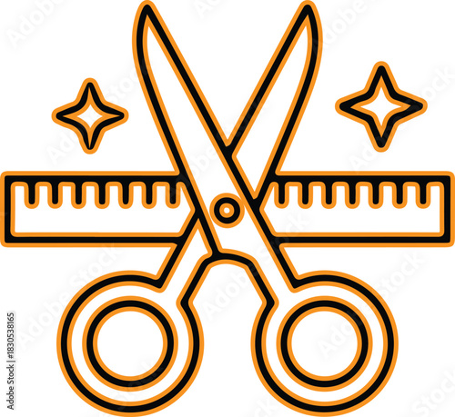 Scissors cutting a ribbon with a ruler and sparkles