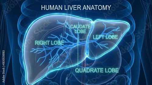 Human liver anatomy diagram showing right, left, caudate and quadrate lobes in translucent 3d render, highlighting liver position in the digestive system for medical study and teaching