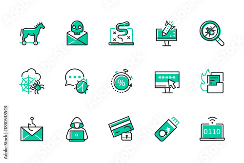 Computer attacks - set of line design style icons