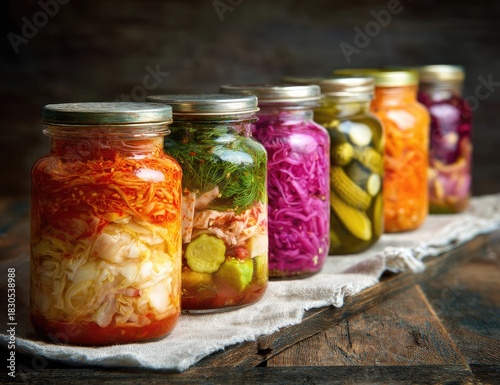 Colorful glass jars filled with various pickled and fermented foods on a wooden surface