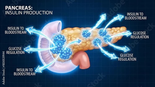 Pancreas diagram showing islets of langerhans producing insulin and releasing it into the bloodstream to regulate blood glucose, illustrating diabetes and metabolic control