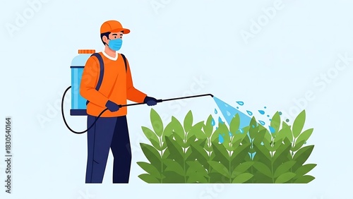 Vector Illustration of a Person Spraying Plants with a Backpack Sprayer Wearing Protective Gear during a Sunny Day