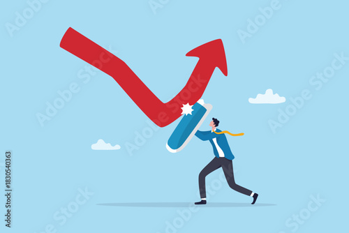 Economics downturn, stock market price falling, loss or crisis risk, negative recession chart or market crash protection, safe or defense, businessman holding shield to reflect downturn red arrow.