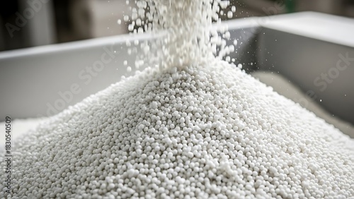 White Granules Pile Flowing Abstract Mass Material Manufacturing Processing Factory Chemical Compound Industrial Production Process