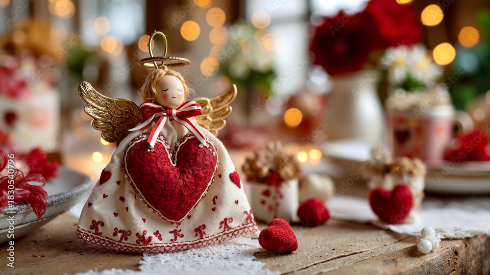 Fototapeta premium Festive Angel Decoration with Heart Motif in Cozy Christmas Setting
