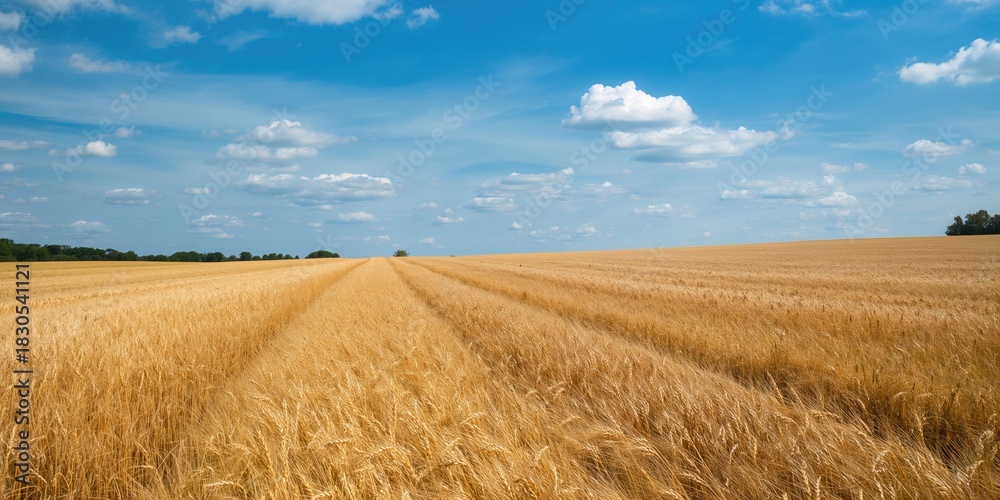 Fototapeta premium Golden colorful crop meadow with vivid blue sky, suitable for background design or layout use