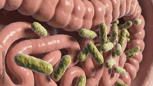 Microscopic view of rod-shaped bacteria inhabiting the human intestine showcasing the digestive tract's microbiome health and intestinal flora with soft