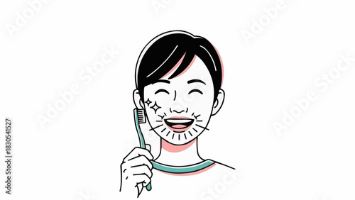 歯を磨く男性のミニマリスト線画、バスルームの鏡に映る口腔衛生習慣と完璧な笑顔のケア