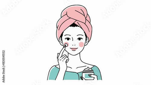 保湿剤を塗る若い女性のミニマリスト線画、顔クリームを塗るジェスチャーによるスキンケアルーチンのイラスト