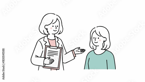 病院のオフィスで患者と相談するミニマリストの線画の女性医師、医療相談のアウトラインイラスト