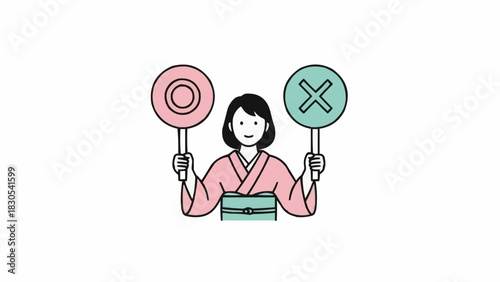 選択と決定のコンセプトを表す円とX印を持つ着物を着た日本人女性のミニマリスト線画