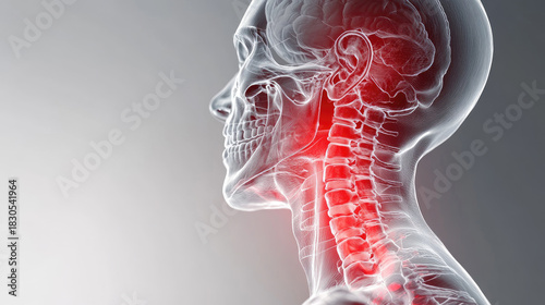 Human cervical spine illustration with multiple vertebrae shown in red and orange to indicate inflammation, degeneration or chronic neck pain such as herniated discs or osteoporosis