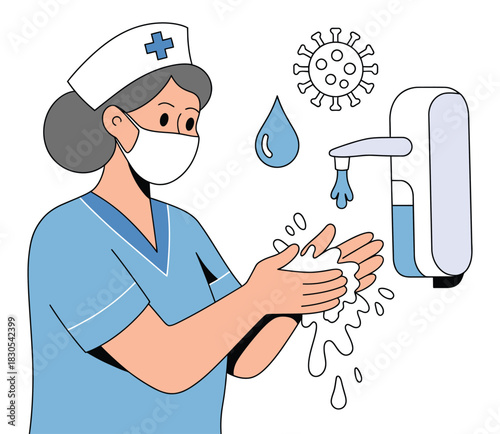 A female nurse in a medical uniform and face mask washing her hands with soap, demonstrating proper hygiene techniques to prevent virus transmission, healthcare contamination