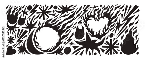 Fireball, burned heart frames silhouette punk rock doodles. Scribble flames icons black paper cutout pattern set. Bonfire stickers collage background. Simple shapes. Vector naive element no background