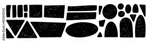 Irregular geometric shapes. Abstract grunge hand drawn noise elements set. Ink rolled text boxes grainy frames. Circle, arch, triangle chalk crayon callouts geometry figures. Vector grunge scribbles.