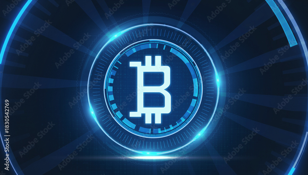 Fototapeta premium Bitcoin digital coin icon: A vibrant depiction of the cryptocurrency logo set against a backdrop of modern digital technology. The image highlights the innovative essence of finance 