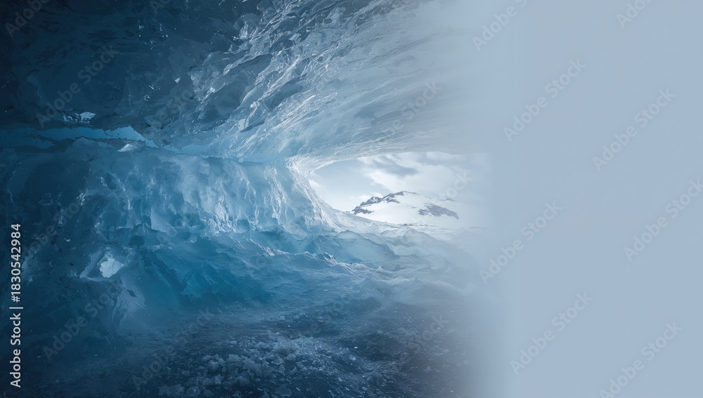 Fototapeta premium Blue ice cave within a glacier, emphasizing natural preservation and seasonal change